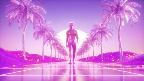 Homme marchant dans des lunettes VR entre des palmiers Synthwave Background Loop