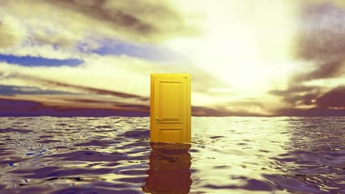 Golden door opening in the ocean at sunset