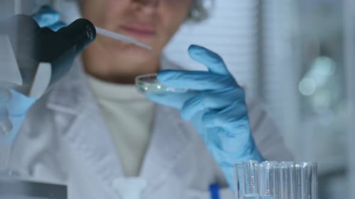 Female Scientist Adding Liquid to Plant Sample in Petri Dish with Pipette