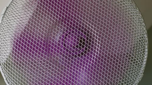 Home appliance electric fan rotating purple plastic blades circulating air in room close up