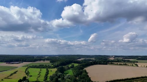 Quiet idyllic landscape in American state of Nebraska. Sunny day with blue sky. Aerial panorama shot
