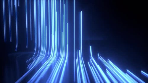 Reflected blue neon light trail inside tunnel dark room,illuminated front wall Surround light effect