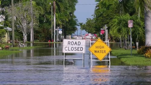 Hurricane Milton Flooded Street with Road Closed Sign Blocking Driving of Cars in Punta Gorda