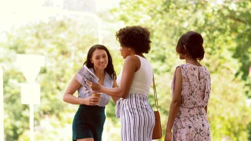 Tourism and Travel Concept - Tourists with City Guide Asking Local Woman