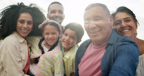 Grandparents, parents and kids at beach for selfie with hug, bonding and family with memory