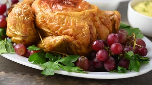 Roast turkey with grapes and parsley for thanksgiving dinner