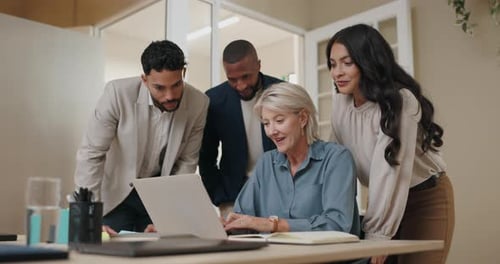 Business people, computer and celebration of success, winning and news, results or startup sales