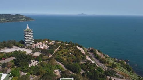 Aerial View at Historic Tourist Destination Vietnam Linh Ung Pagoda on Sunny Day