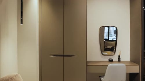 Interior design of a modern bedroom and vanity