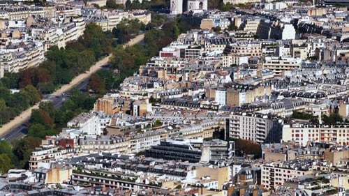 Aerial View of Town Development in Urban Neighborhood Tilt Up Reveal Historic Landmark Arc De