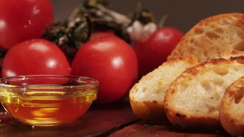 Delicious Tapas Bread with Tomatoes Pasta with Olive Oil Closeup Bruschetta with Red Sauce Ketchup