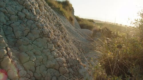 Cracked Earth and Rural Landscape in Golden Sunlight