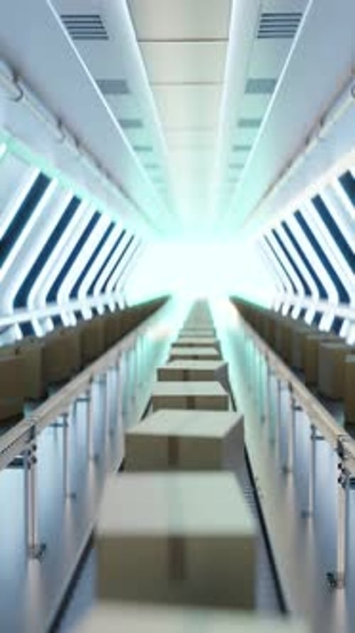 Carton Boxes Moving on Conveyors at Futuristic Warehouse 3d Animation Loop