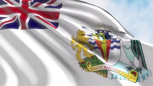 British Antarctic Territory Flag Waving with Research and Discovery Motto