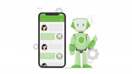 robot assistant virtuel pour smartphone, chatbot, intelligence artificielle cellulaire AI, animation 4k