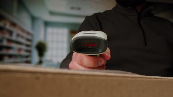Scanner Scan Delivery Box in Storage Ecommerce Shop Man Packing Goods ...