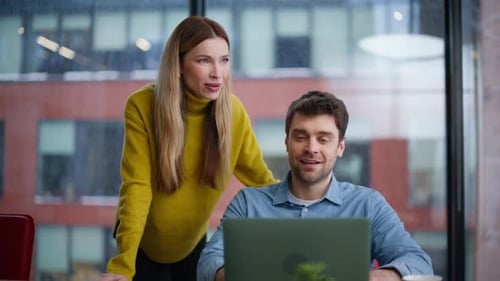Coworkers Talking Online Meeting Looking Laptop Webcam By Office Window Closeup