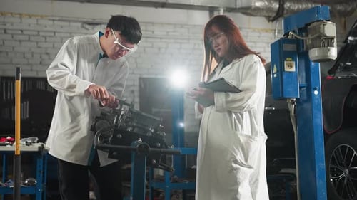 Young Engineers Measuring Engine Thickness in Automotive Workshop with Light Effect