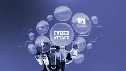 Futuristic Robot Hand Interacting with Cyber Attack Display