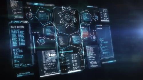Futuristic Smartphone Displaying Digital Data and User Interface Elements