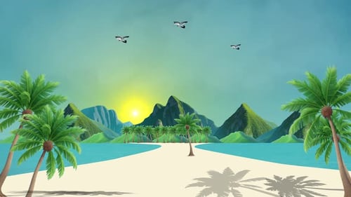 Summer Beach And Birds Are Flying In The Sky 2d Cartoon Animation Of Summer Background. Hello Summer