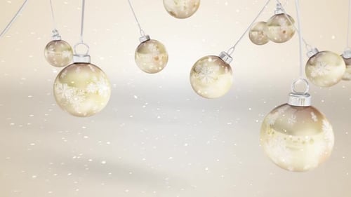 Elegant Golden Christmas Ornaments with Falling Snowflakes Background Animation
