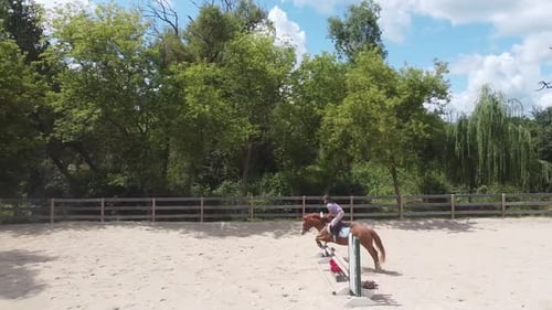 A pony and rider jumping in a summer arena
