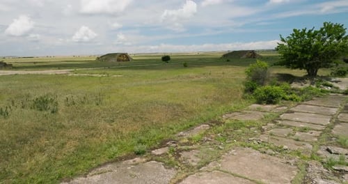 Abandoned Shiraki soviet military airbase in grassy fields of Georgia.