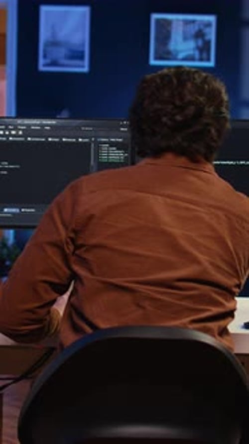 Computer Scientist at Home Office Desk Writing Binary Code and Drinking Coffee