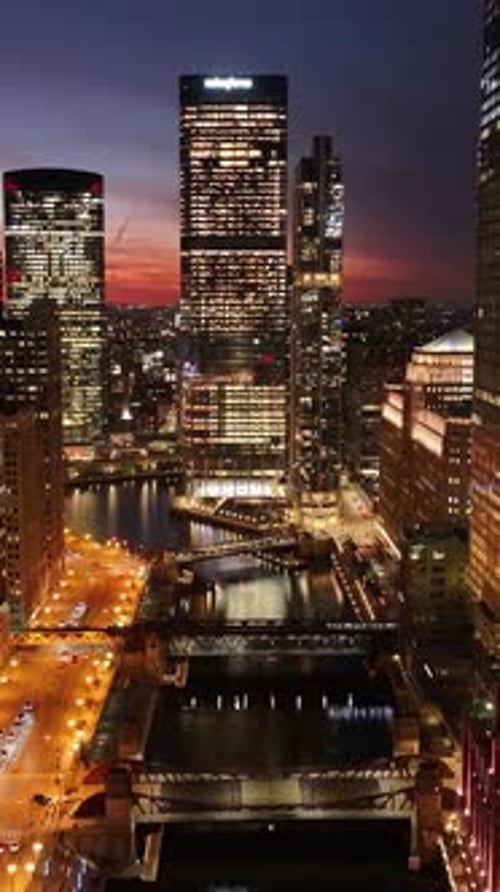Sunset skyline in Chicago Skyline At Chicago In Illinois United States.