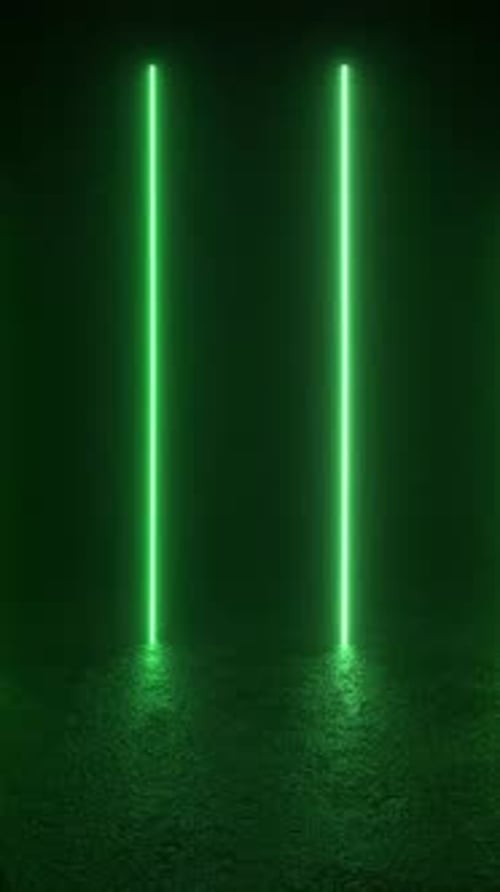 Futuristic 3D animation loop of green neon tube lights glowing on a concrete floor in a dark room.