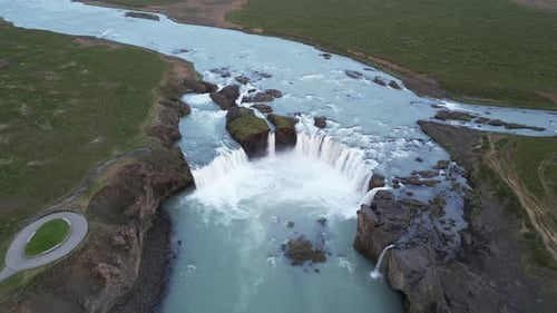 Aerial view of Godafoss waterfall on Skjalfandafljot river, Iceland