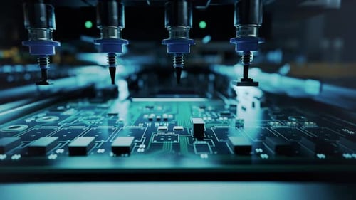 Macro Shot Of Automatic Pick And Place Machine Quickly Installs Components On Circuit Board.
