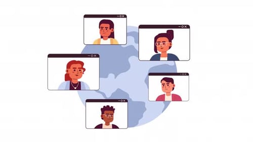 Animated Global Video Call with Diverse People in Flat Design