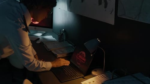 Young Adult Typing at Computer Displaying Critical Error