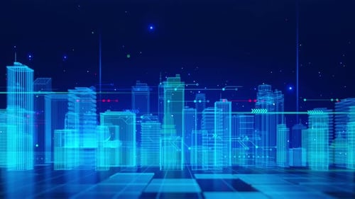 Virtuelles Stadtbild mit digitalem Grid und Blaulicht