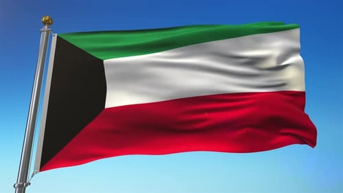Kuwait National Flag Waving with Blue Sky Background
