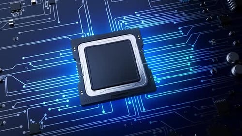 Close-up da CPU em uma placa de circuito impresso azul. conceito de tecnologia de microeletrônica