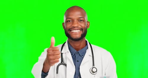 Doctor thumbs up, green screen face and black man satisfaction for healthy medical results