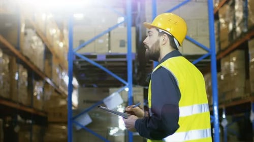 Gutachter mit Schutzhelm und Zwischenablage füllt Formulare in einem Lagerhaus aus. Er geht durch Reihen von St.