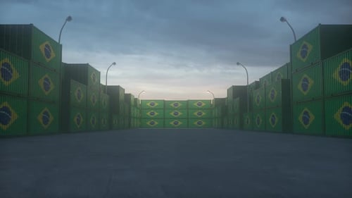 Brazil export or import concept. Brazil flag containers are located at the container terminal