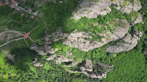 Aerial video of Belogradchik, sandstone, rocky outcrop, formations, landscape, Bulgaria.