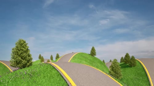 3D Empty Road Path Green Grass Meadow Landscape