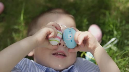 Happy Easter Kid Portrait Little Child Boy Lying Green Grass Put Easter Eggs