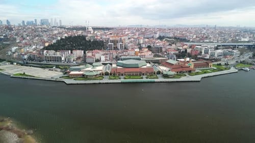 Centered drone shot of Halic Congress Center in Istanbul circling around