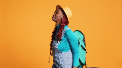 Female Tourist Carrying Trolleys Bags Baggage