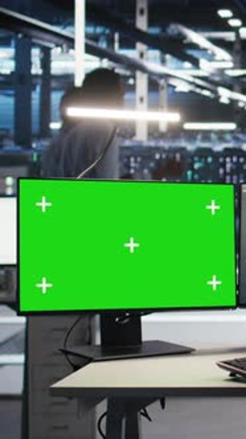 Vertical Video Data Center Technician Using Node Tree Software on Mockup PC to Analyze Datasets