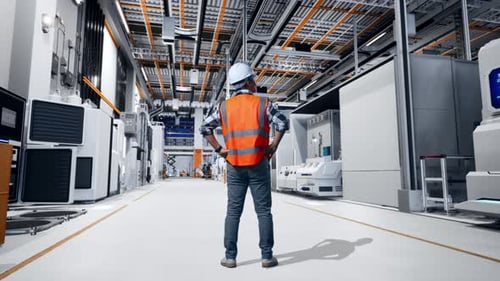 Male Engineer Looking Around While Standing With Arms Akimbo At Factory Digitalization