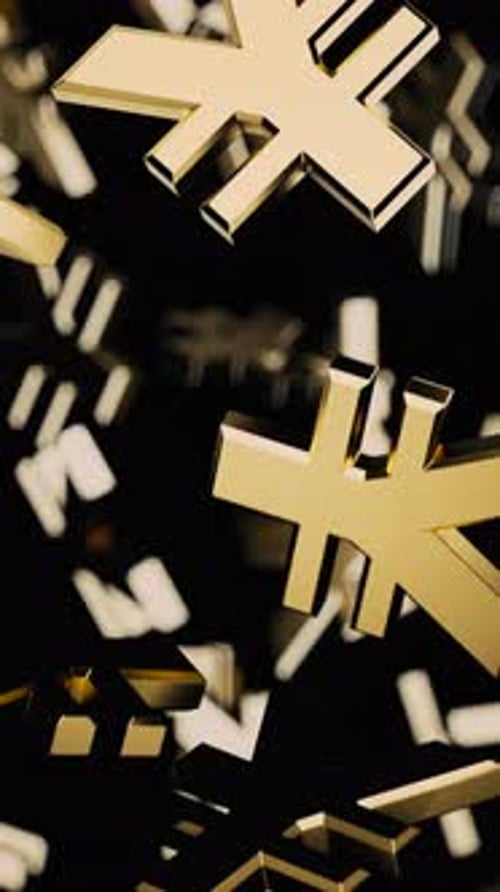 Falling Gold Yen and Yuan Symbols on a Black Background with Bokeh in Portrait