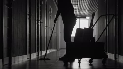 Silhouette of Janitor Cleaning Floors